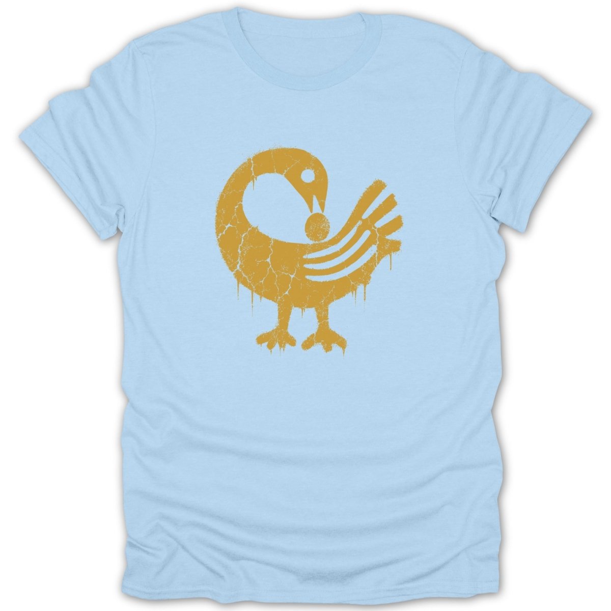 Light blue t-shirt with distressed gold bird and egg graphic.