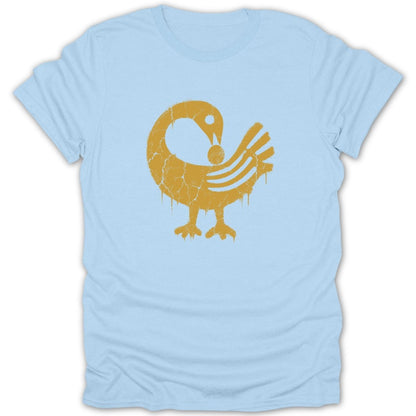 Light blue t-shirt with distressed gold bird and egg graphic.