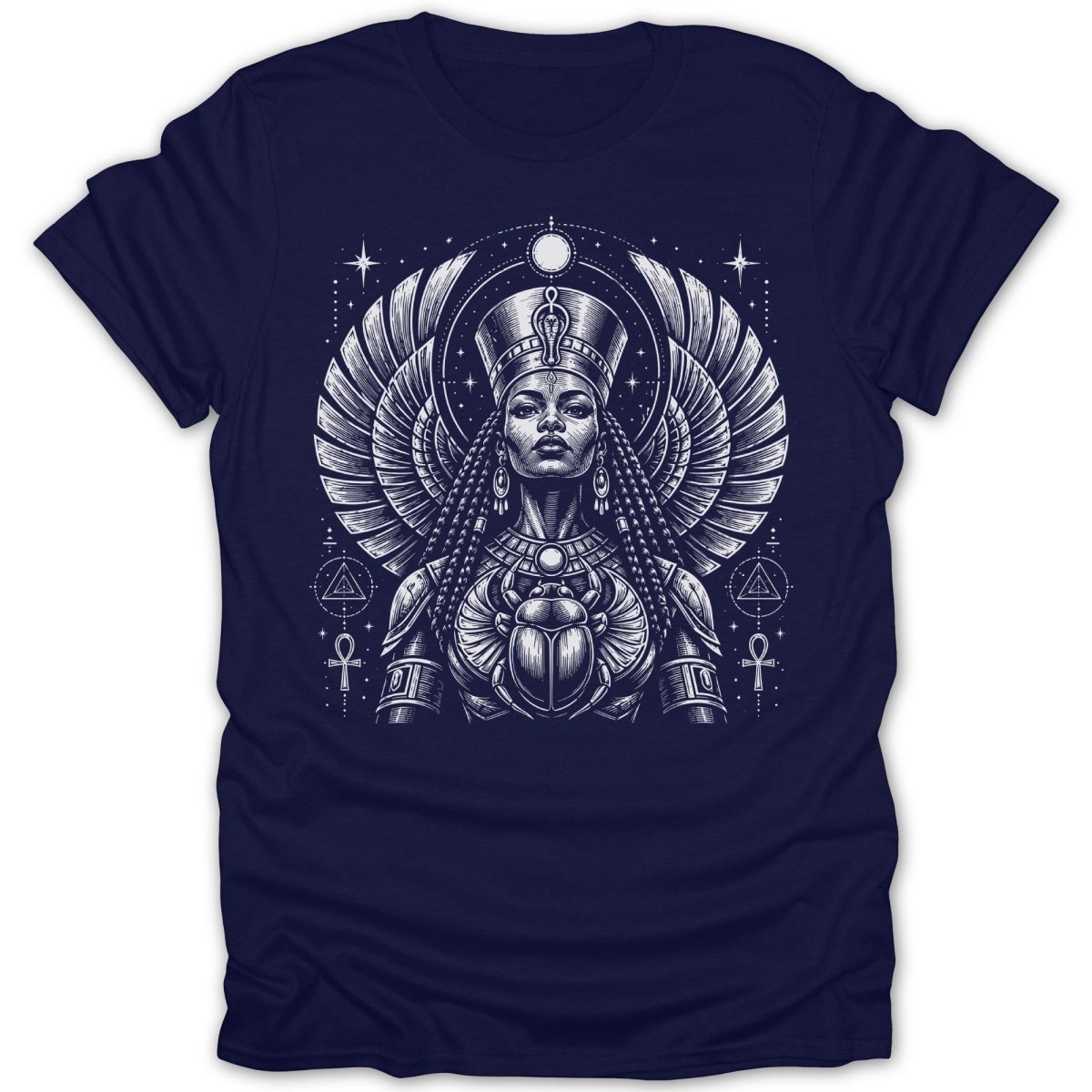 Illustration of an Egyptian queen with ornate headdress, wings, and scarab beetle.