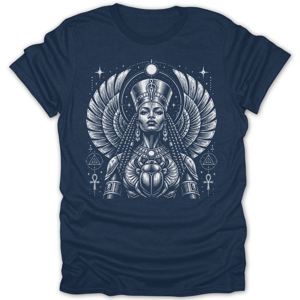 Illustration of an Egyptian queen wearing a headdress and scarab armor.
