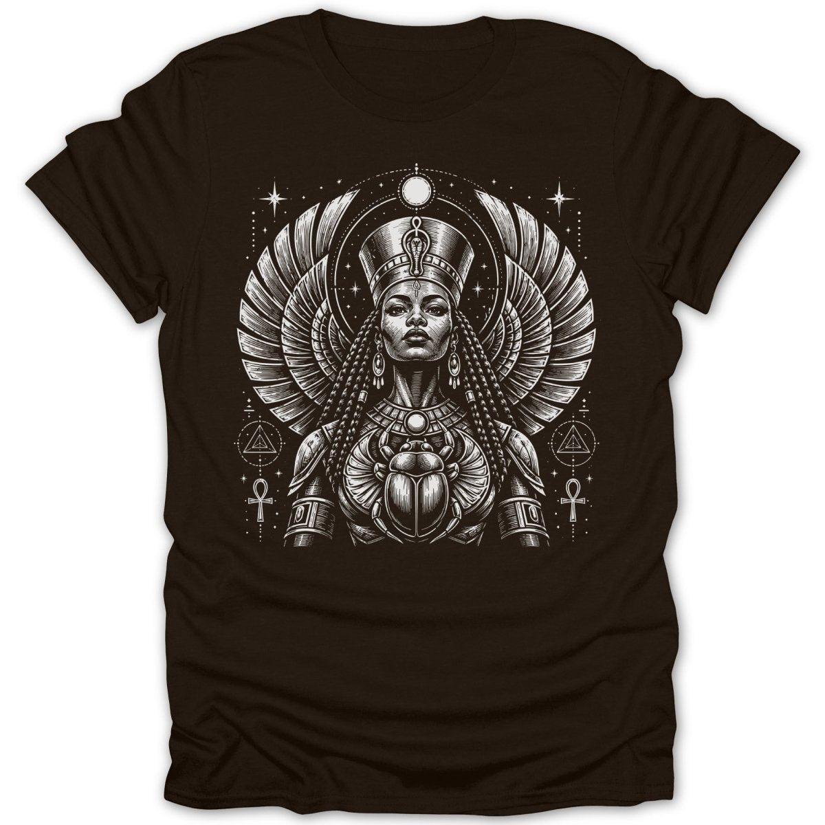 Black and white illustration of an Egyptian queen with winged headdress and scarab amulet.