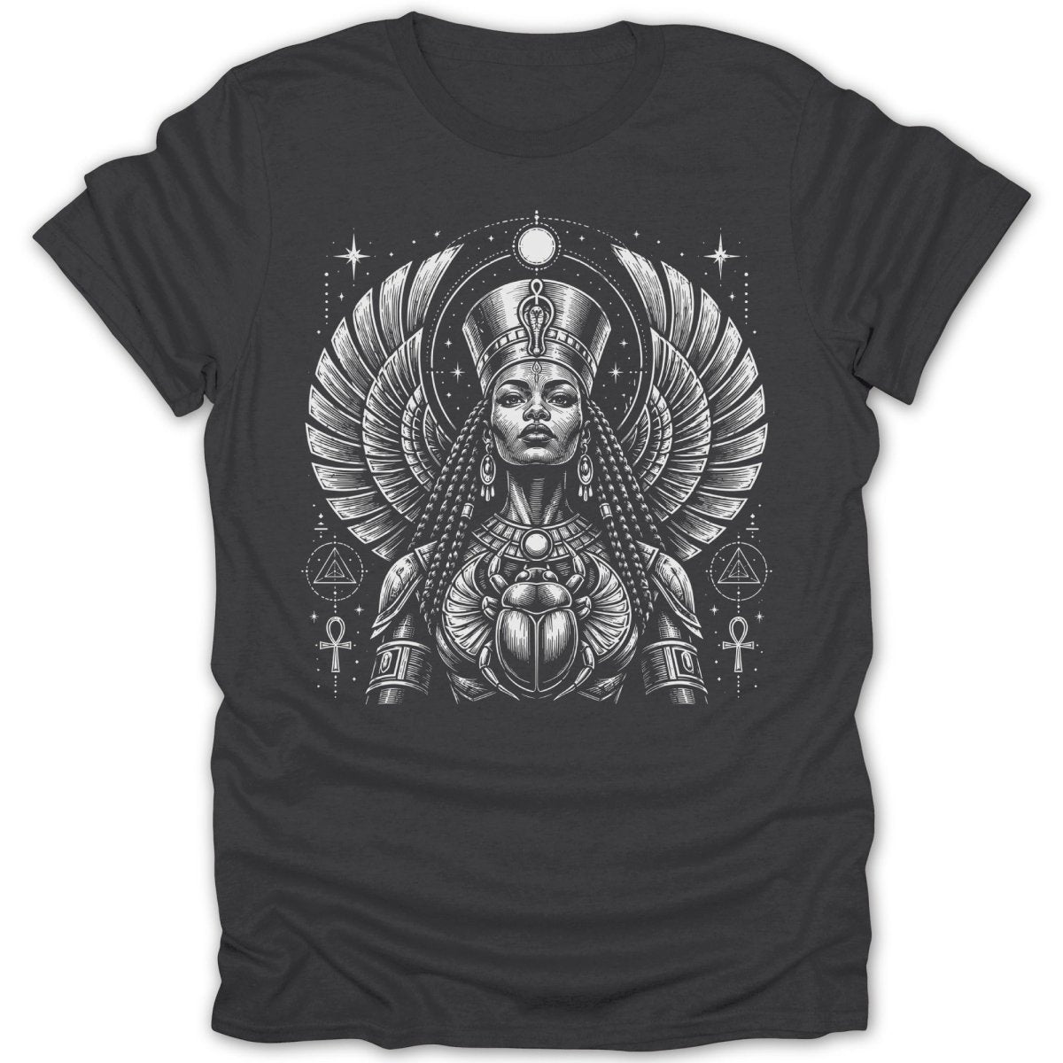 T-shirt featuring Egyptian queen with winged headdress and scarab beetle.