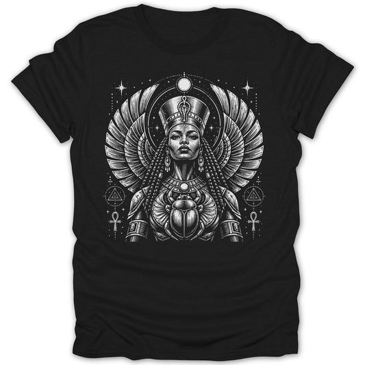 Black t-shirt with Egyptian queen wearing elaborate headdress and winged scarab.