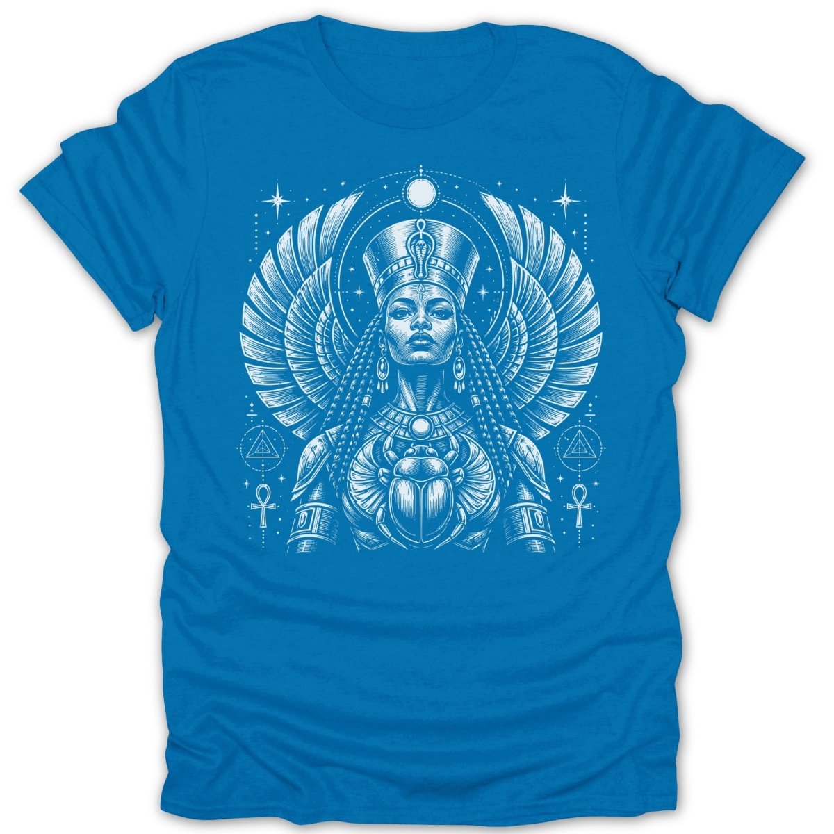 Blue t-shirt with Egyptian queen illustration featuring winged headdress and scarab beetle.