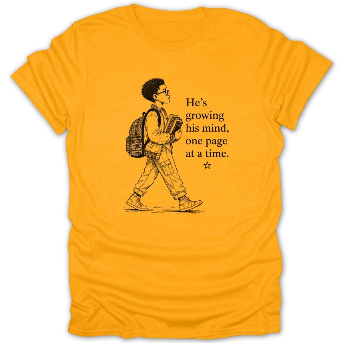 A young boy with a backpack carries books, with text "He's growing his mind, one page at a time."