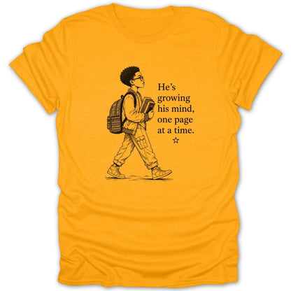 A young boy with a backpack carries books, with text "He's growing his mind, one page at a time."