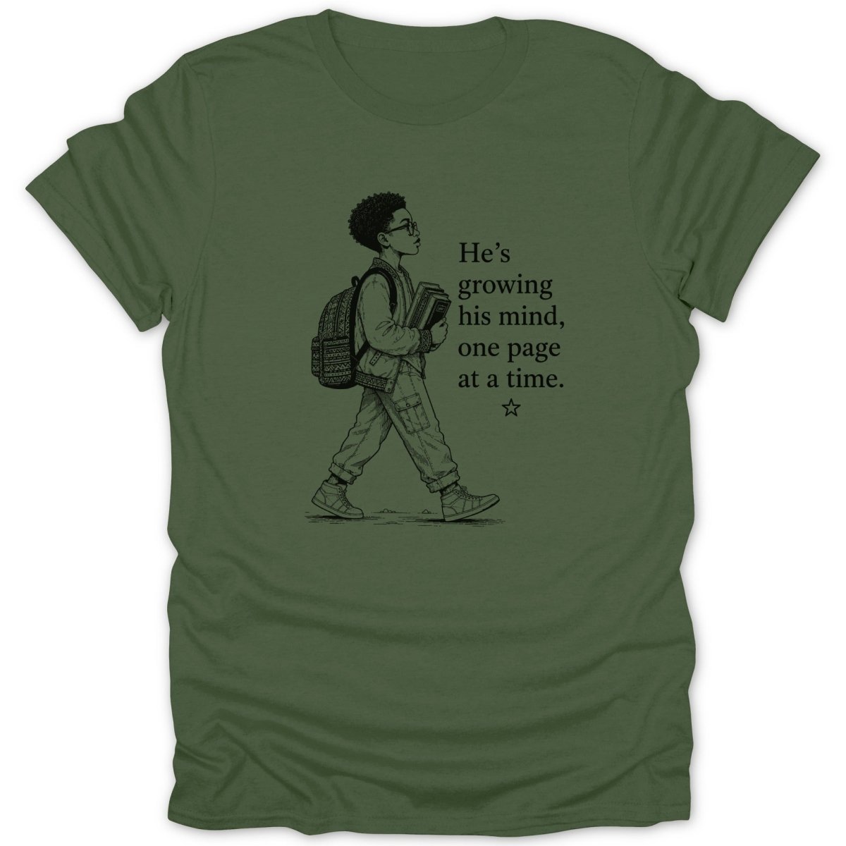 Illustration of boy with backpack and books, text reads "He's growing his mind, one page at a time."