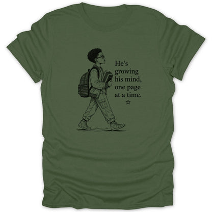 Illustration of boy with backpack and books, text reads "He's growing his mind, one page at a time."