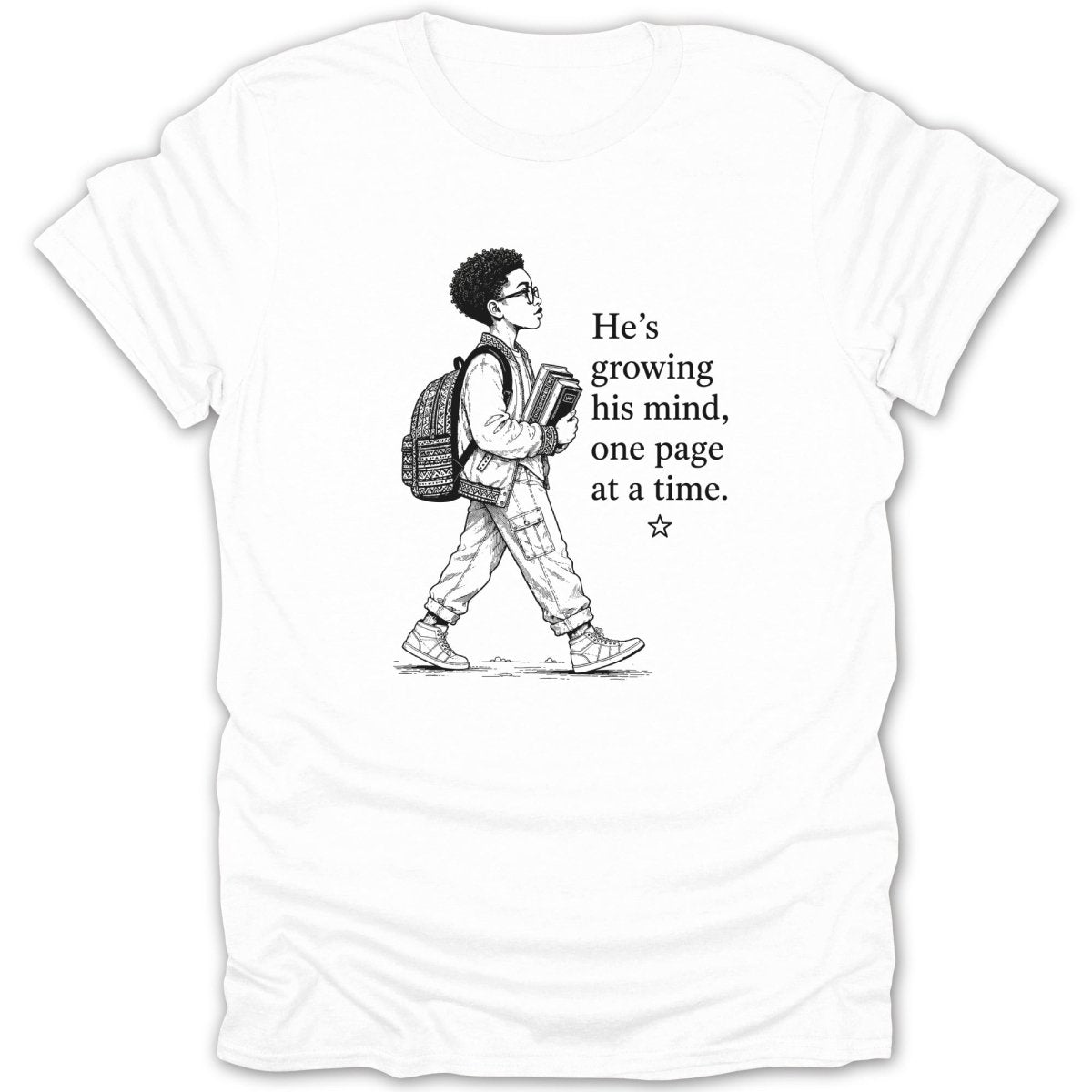 White t-shirt with drawing of a boy with glasses and backpack, carrying books and text.