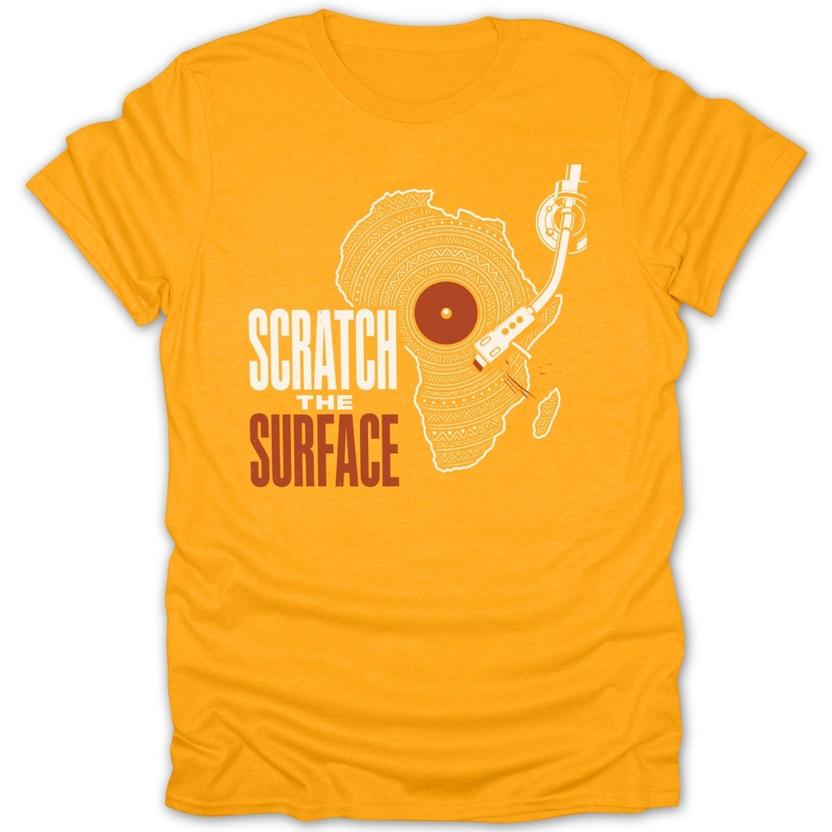 Yellow t-shirt with white outline of Africa map, record, and turntable graphic.