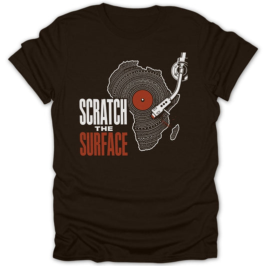 Dark brown t-shirt with graphic of Africa as a record and turntable.