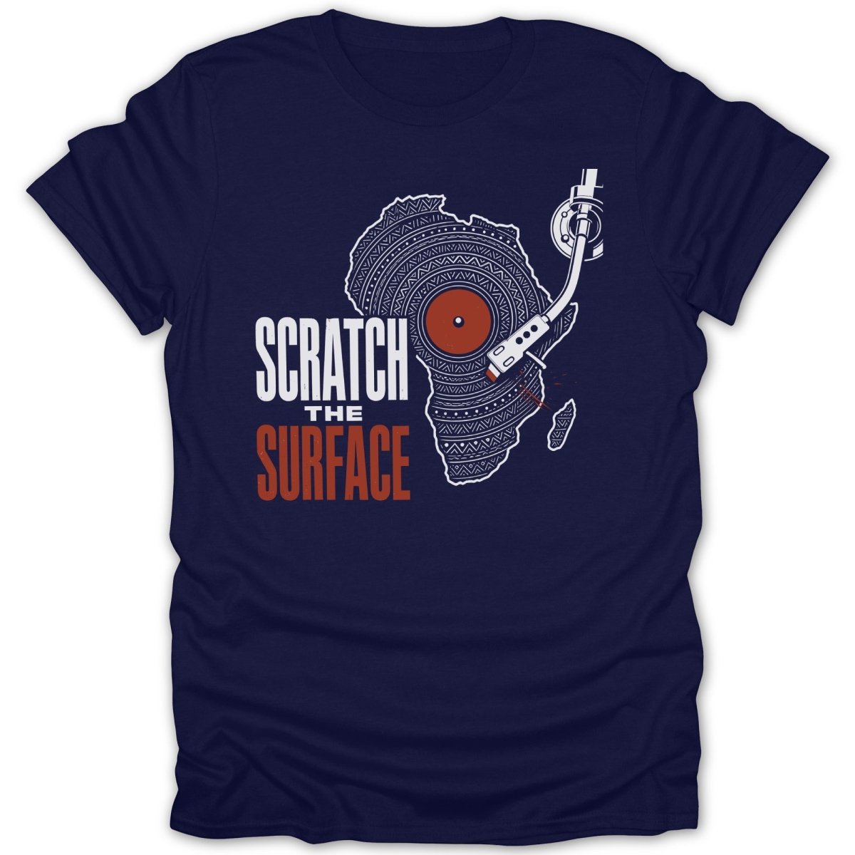 Navy t-shirt with "Scratch The Surface" text and Africa map styled as a record.