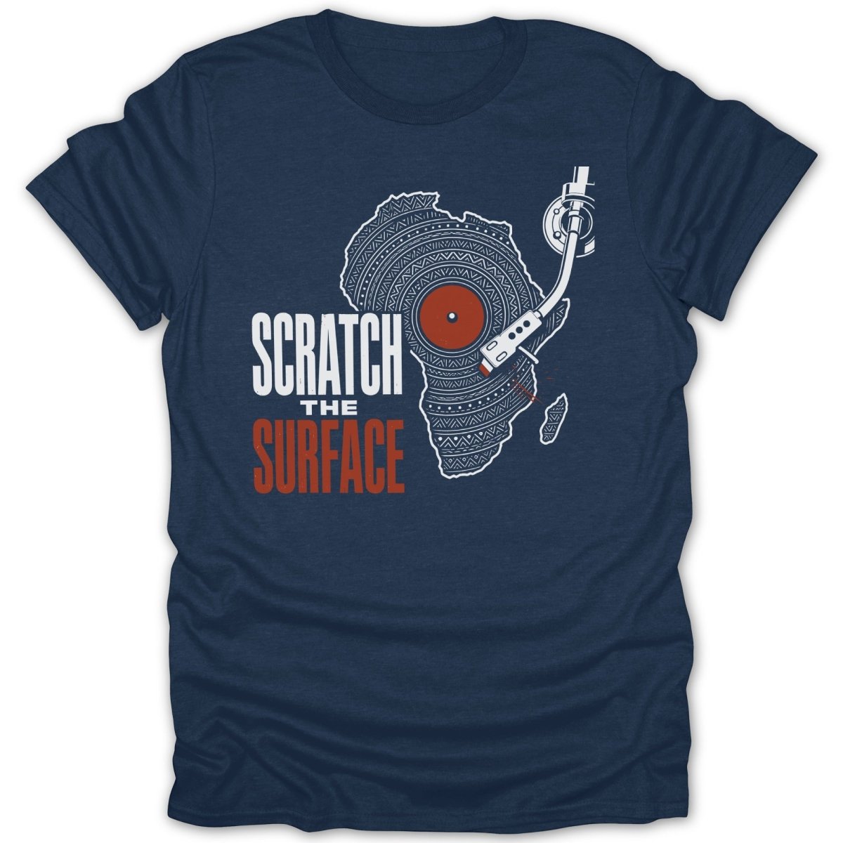 Dark blue t-shirt with Africa map graphic and "Scratch the surface" text.