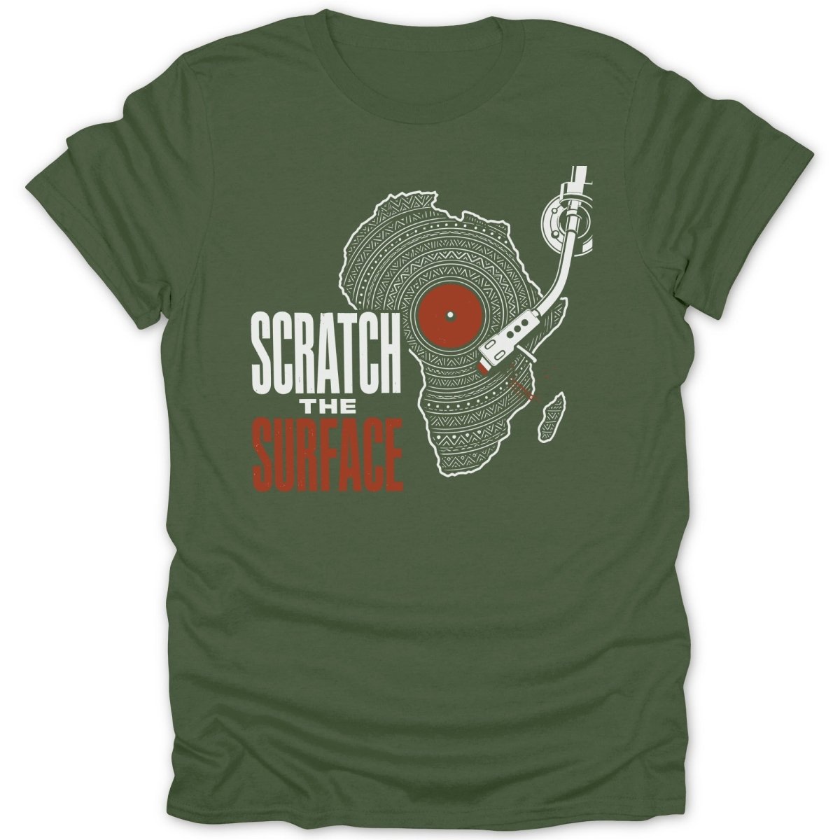 Green t-shirt with continent of Africa stylized as a record player and text "SCRATCH THE SURFACE".