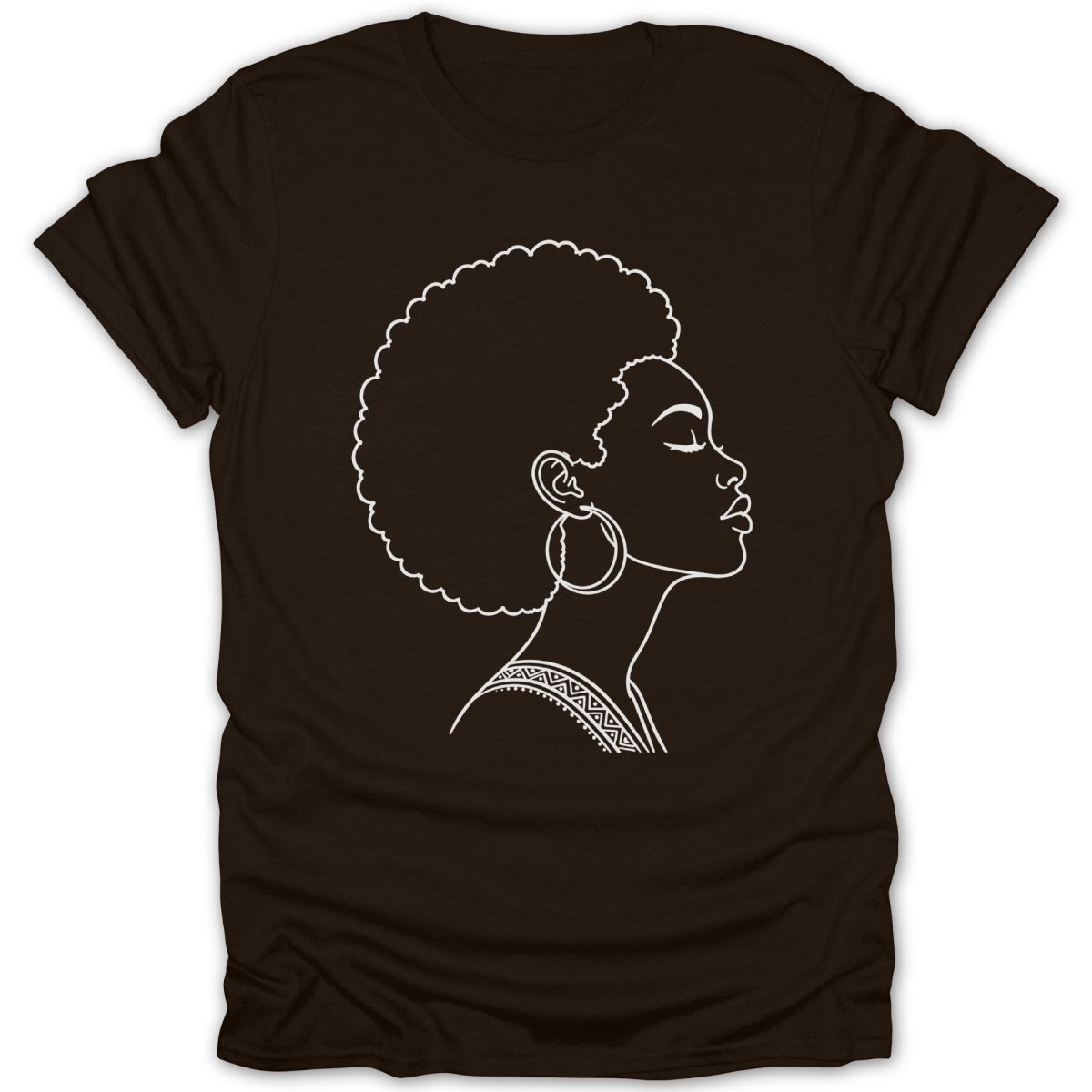 Brown t-shirt with white outline of a woman with afro and hoop earrings.