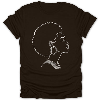 Brown t-shirt with white outline of a woman with afro and hoop earrings.