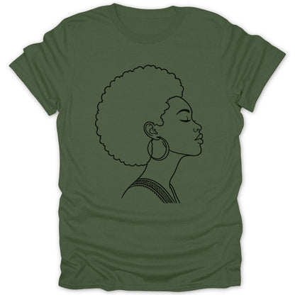 Line art of a woman with an afro and hoop earrings on a green t-shirt.