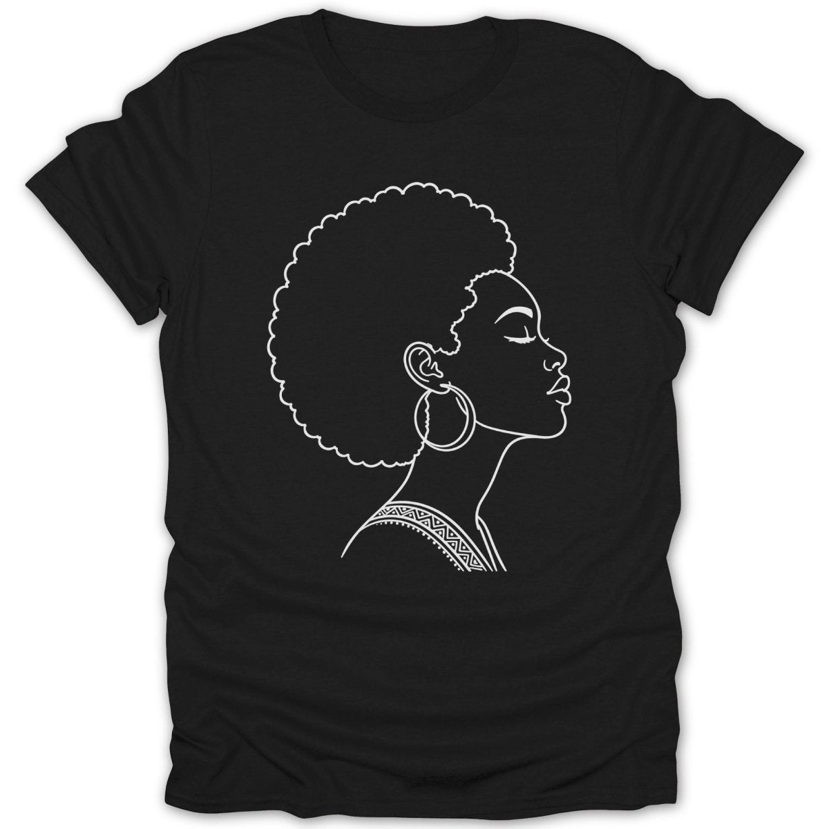 Black t-shirt with a white line art profile of a woman with an afro.