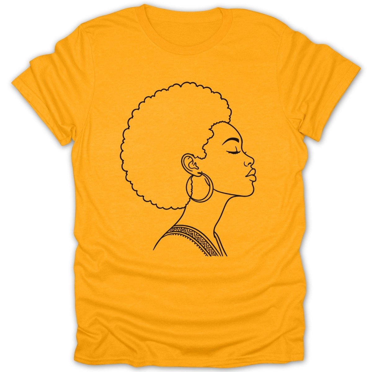 T-shirt with black outline of a woman with afro and hoop earring.