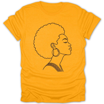 T-shirt with black outline of a woman with afro and hoop earring.