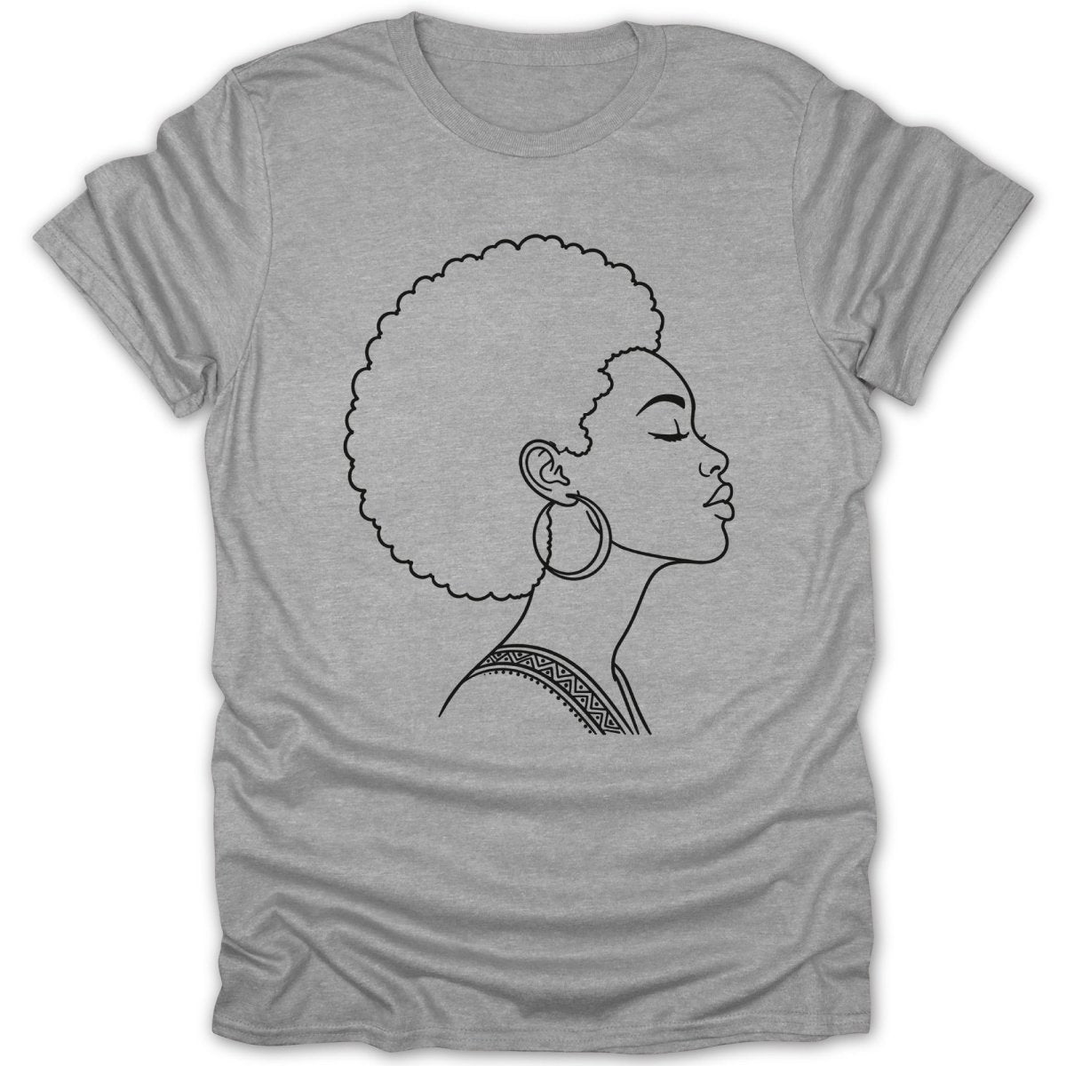 Grey t-shirt with black line art of a woman with an afro and hoop earrings.