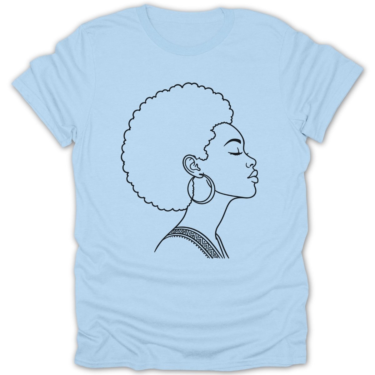Line art portrait of a woman with afro hair and hoop earrings on a light blue t-shirt.