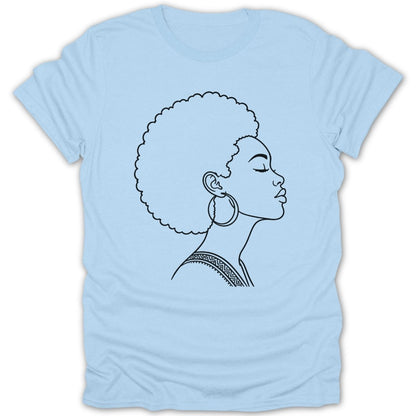 Line art portrait of a woman with afro hair and hoop earrings on a light blue t-shirt.