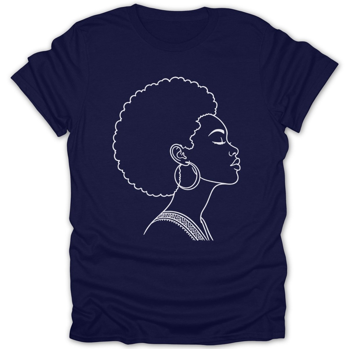 Line art of a woman with an afro and hoop earrings on a navy t-shirt.