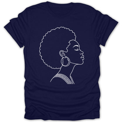 Line art of a woman with an afro and hoop earrings on a navy t-shirt.