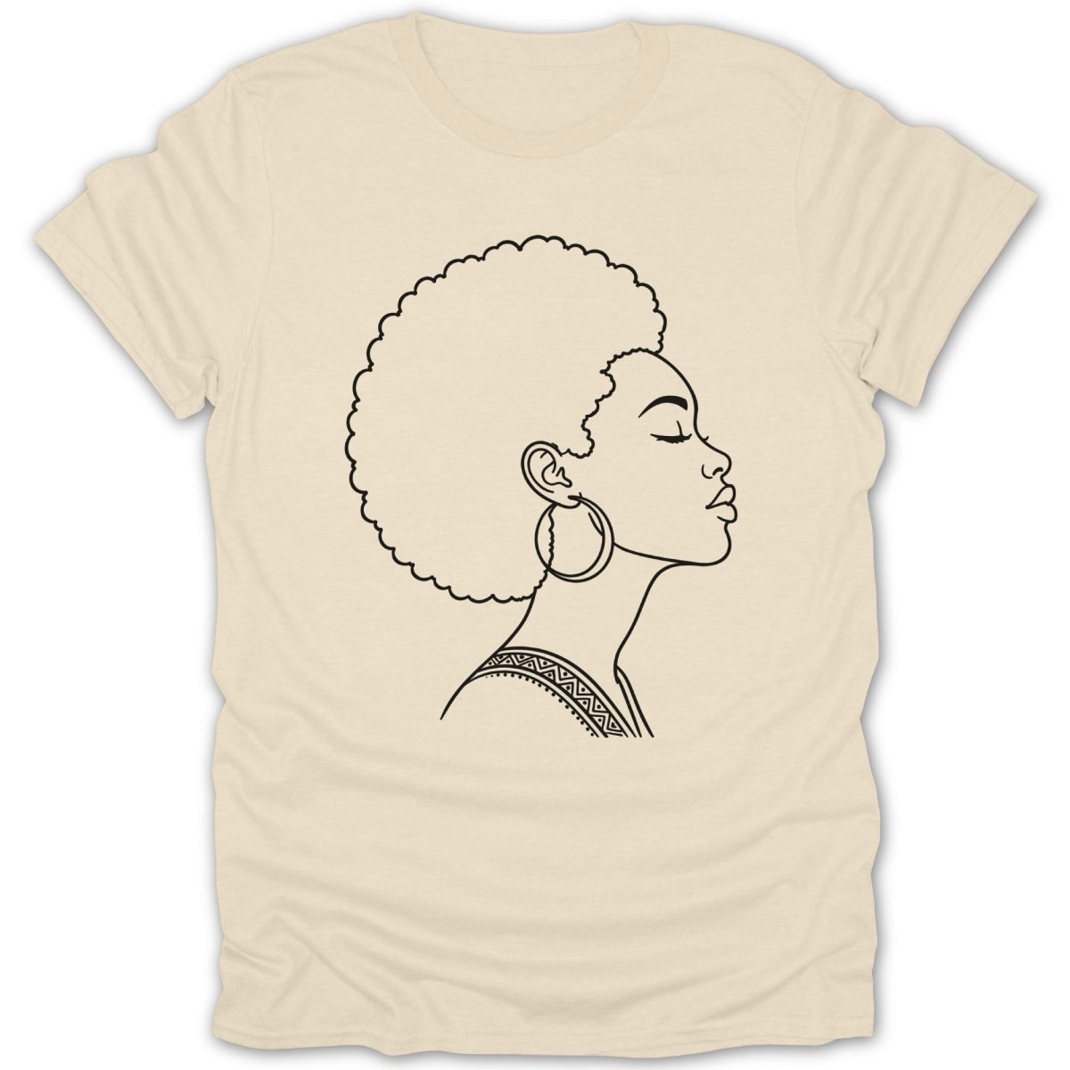 T-shirt with line art of a woman with an afro and hoop earrings.