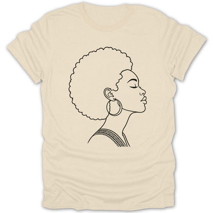 T-shirt with line art of a woman with an afro and hoop earrings.