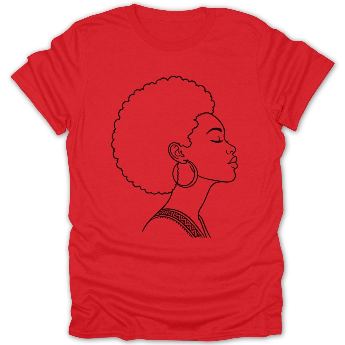Red t-shirt with a black line drawing of a woman with an afro and hoop earrings.