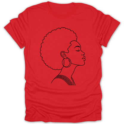 Red t-shirt with a black line drawing of a woman with an afro and hoop earrings.