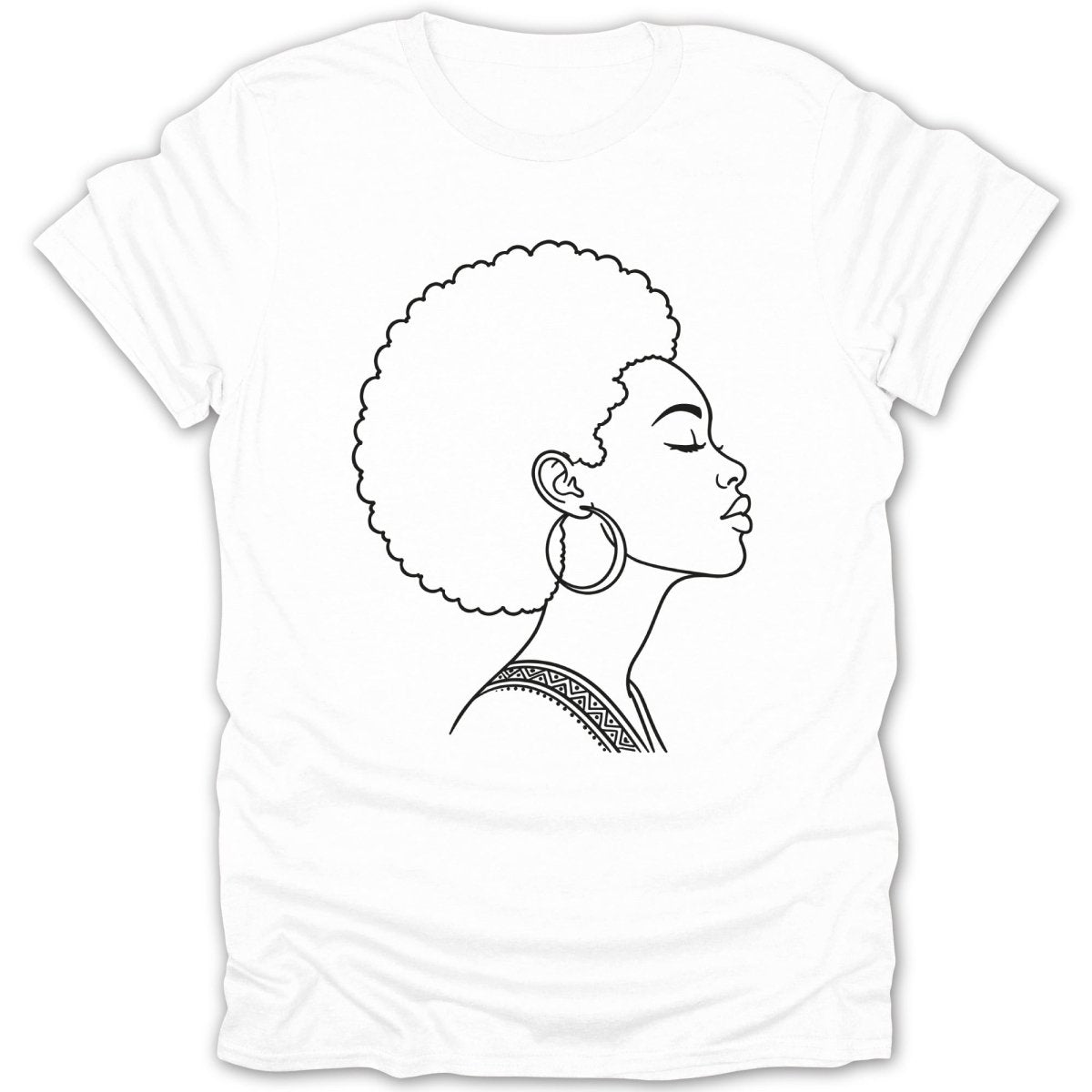Black line drawing of a woman with an afro and large hoop earring on a white t-shirt.