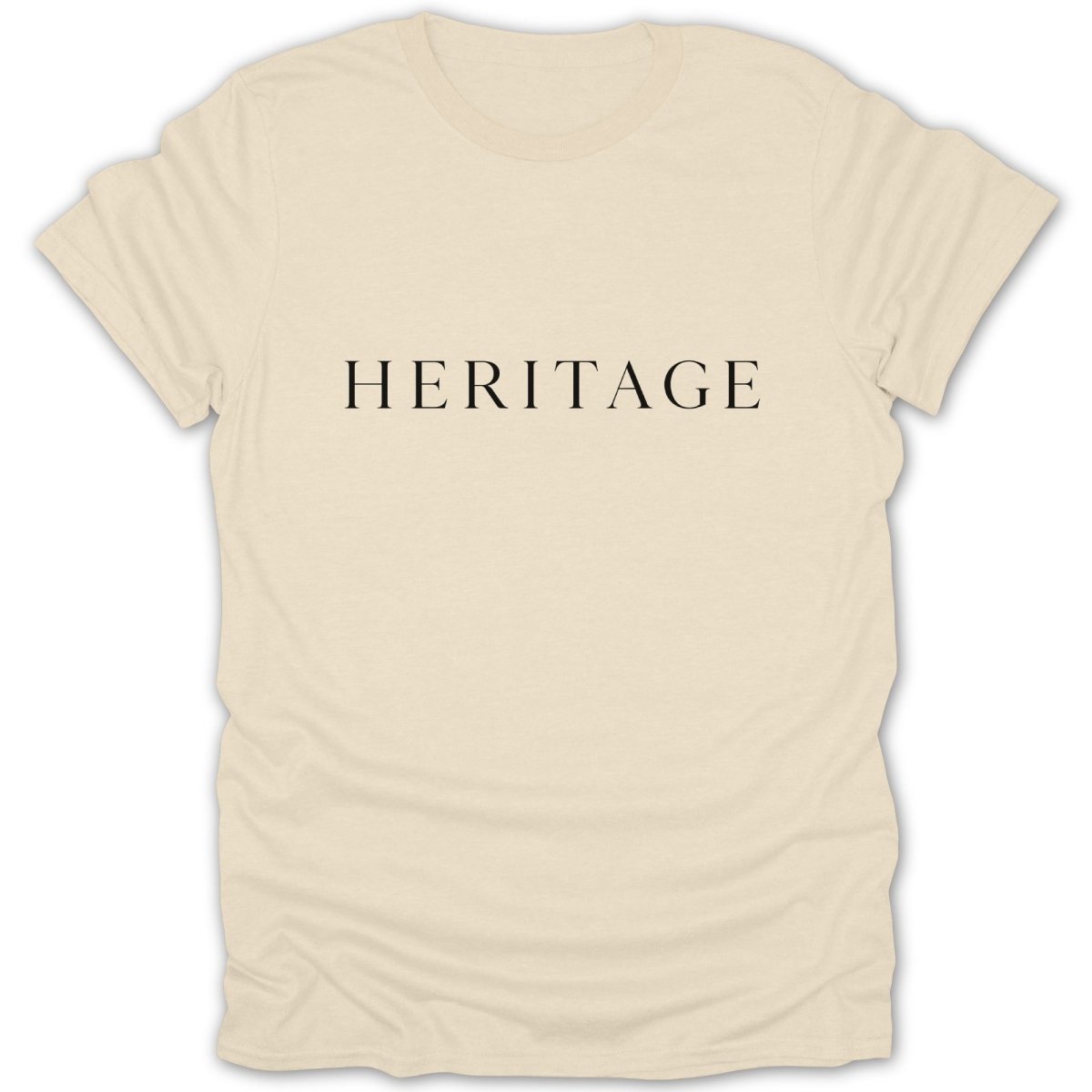 Cream t-shirt with "HERITAGE" text in black serif font.