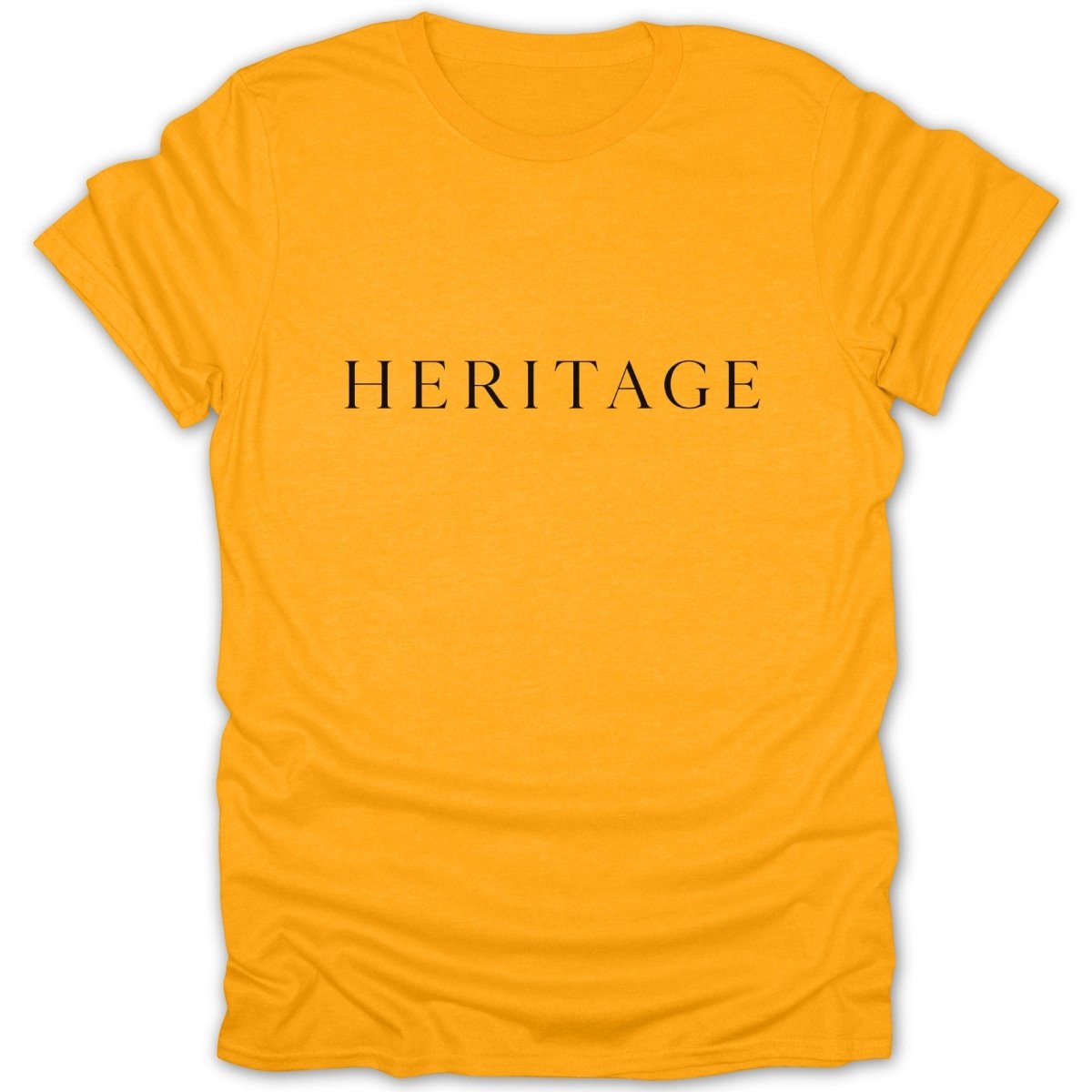 Gold t-shirt with black text that reads "HERITAGE" across the chest.