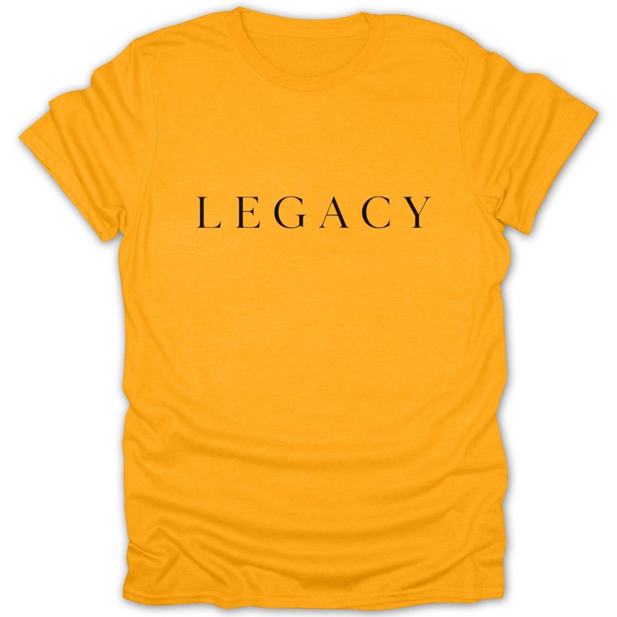Orange t-shirt with black text reading "LEGACY".