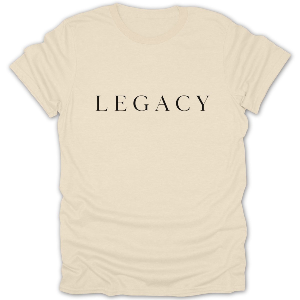 Cream t-shirt with the word LEGACY printed in black serif font.