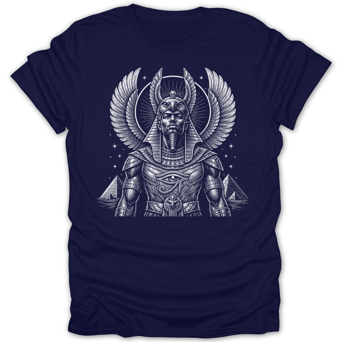 Anubis centered with wings, ankh, and Egyptian pyramid background.
