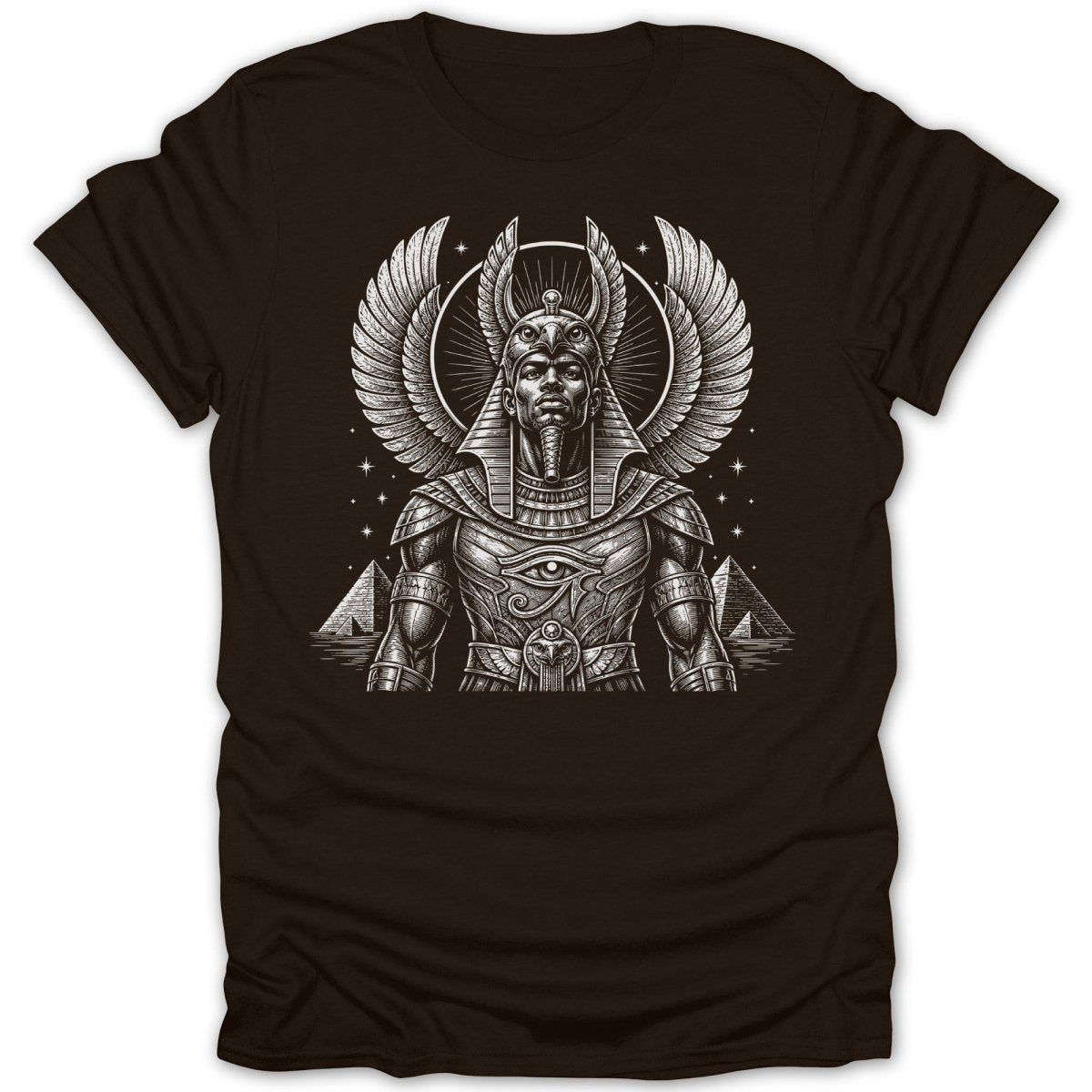 Egyptian pharaoh with wings and pyramids, featuring the Eye of Horus.
