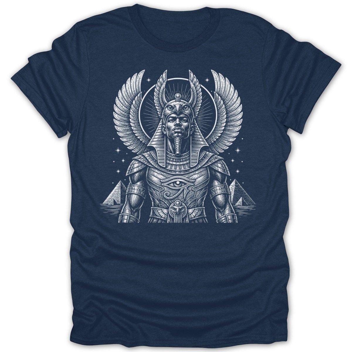 T-shirt with Egyptian pharaoh artwork, pyramids, and winged headdress.