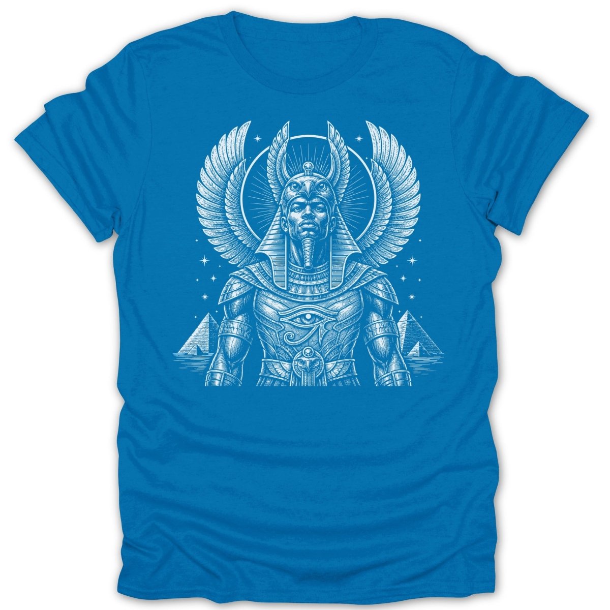 King Tutankhamun with wings and pyramids on a blue t-shirt.