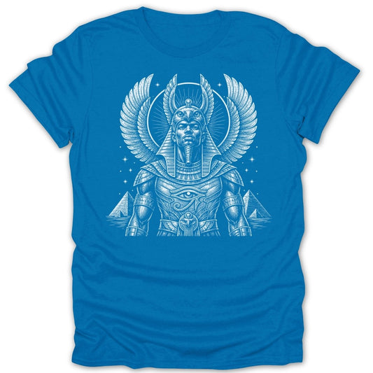 King Tutankhamun with wings and pyramids on a blue t-shirt.