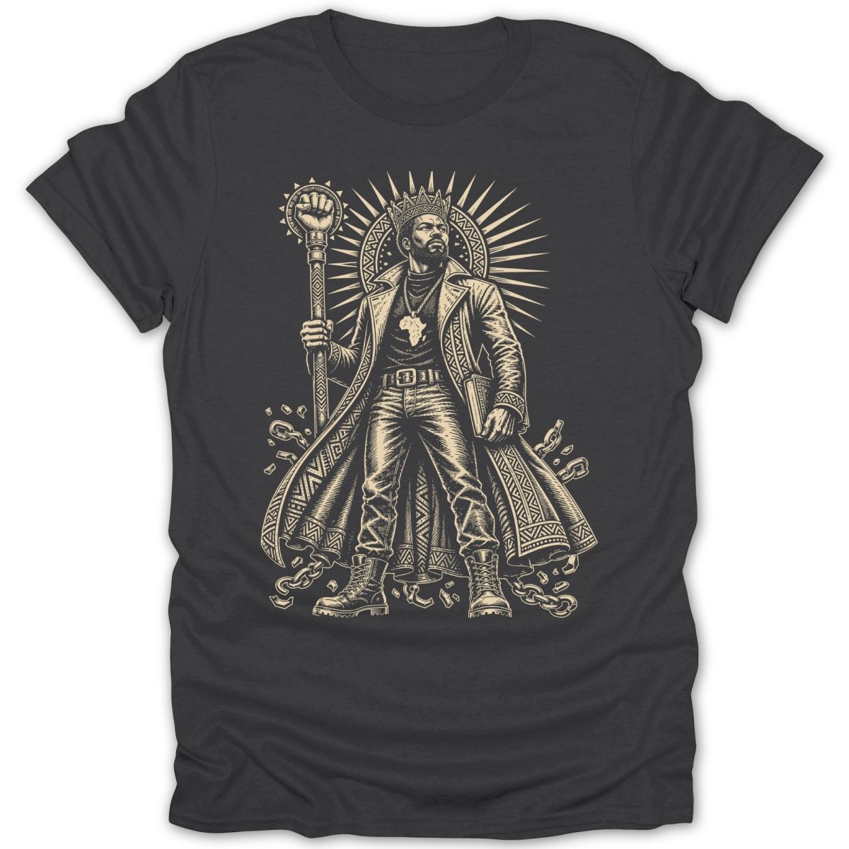 Illustration of a crowned king holding a staff, featured on a t-shirt.