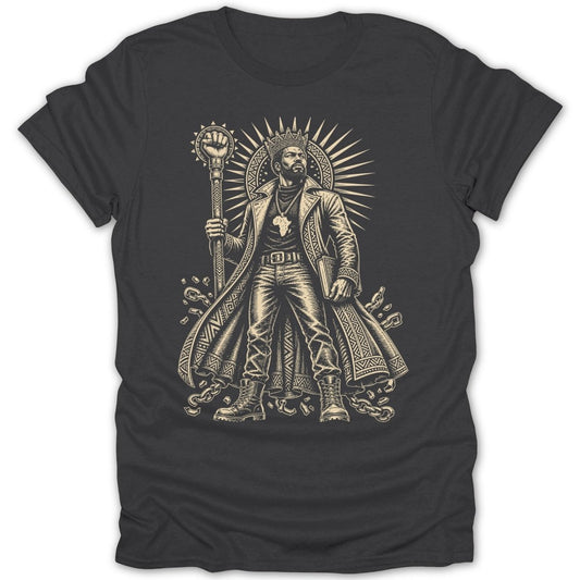 Illustration of a crowned king holding a staff, featured on a t-shirt.