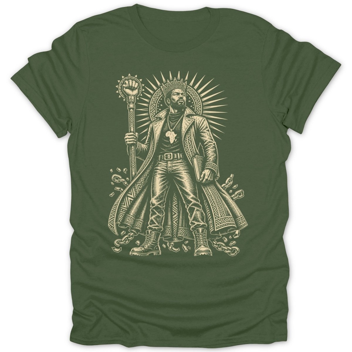 King with crown and staff holding a book on a green t-shirt.