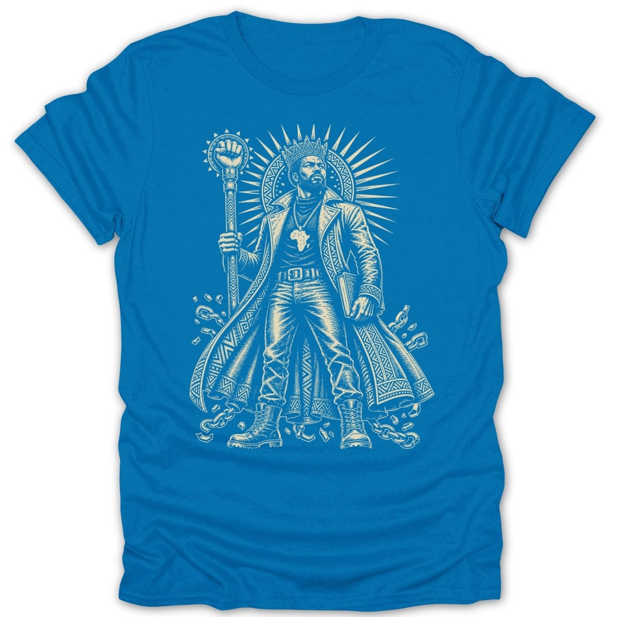 Illustration of a crowned king with staff and Africa pendant on a blue t-shirt.