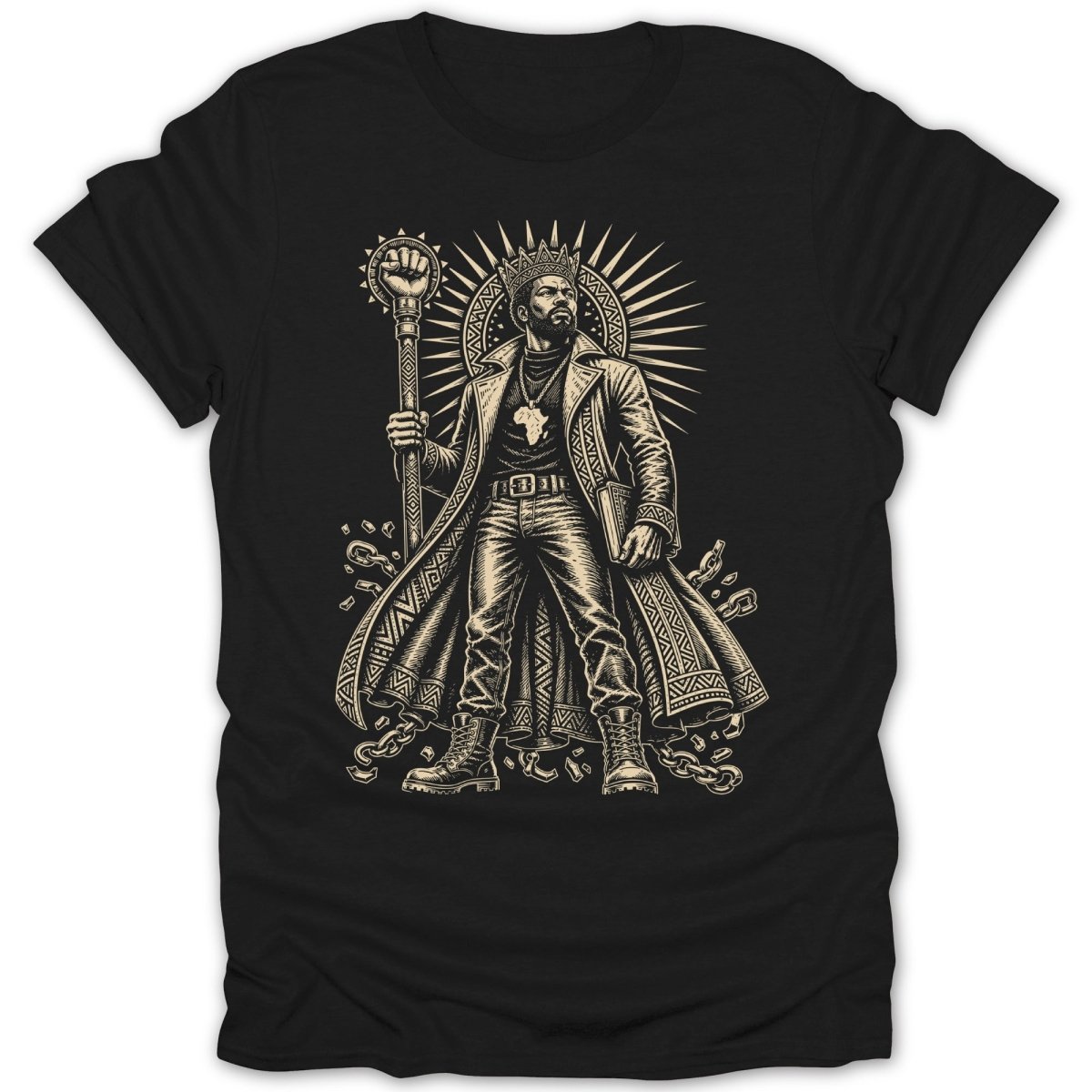 Black t-shirt with a king figure holding a scepter against a sunburst background.