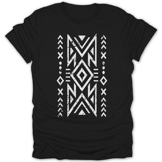 Black t-shirt with a white geometric tribal pattern printed on the front.