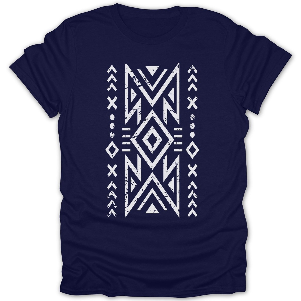 Navy t-shirt with white distressed geometric tribal pattern.